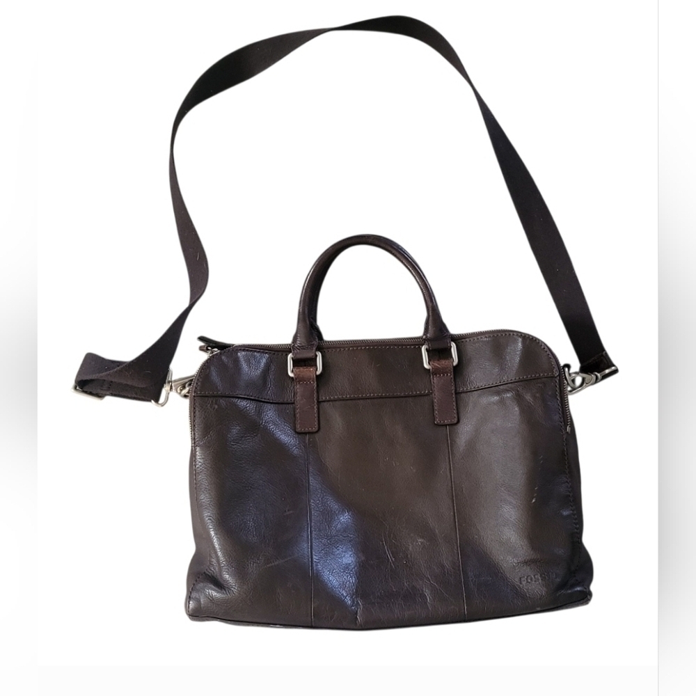 Fossil Mercer Dark Brown Leather Double Zip Work Messenger Bag